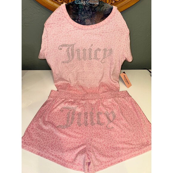 Juicy Couture 2Pc Velour Pajama Pink Cheetah Shorts TShirt Set LG - Picture 1 of 6